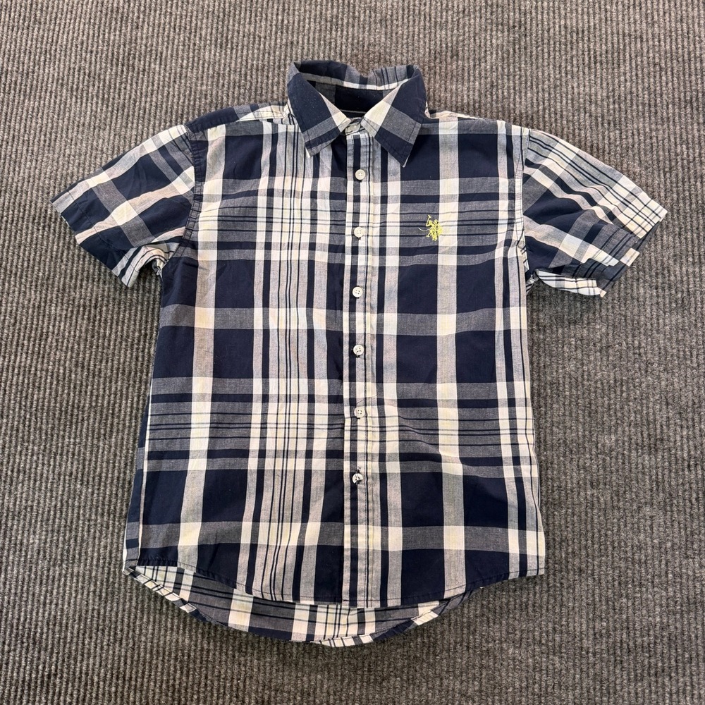 US Polo Assn Boys Plaid Button Down Shirt 10/12 Navy Blue Short Sleeve Cotton